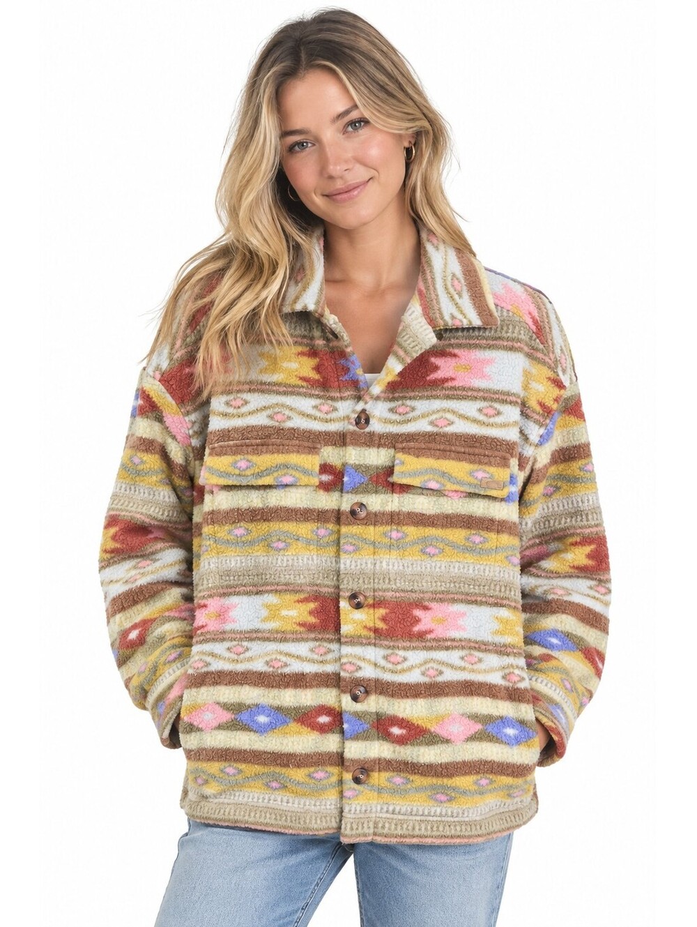 Gorpcore Billabong Southwestern Aztec Fleece Button Up Shacket Jacket Size XS